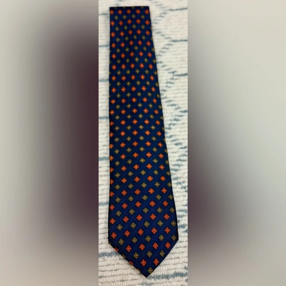 GITMAN BROS Parisian Formal Men’s Silk Tie Navy Blue Orange Medallion Hand Made